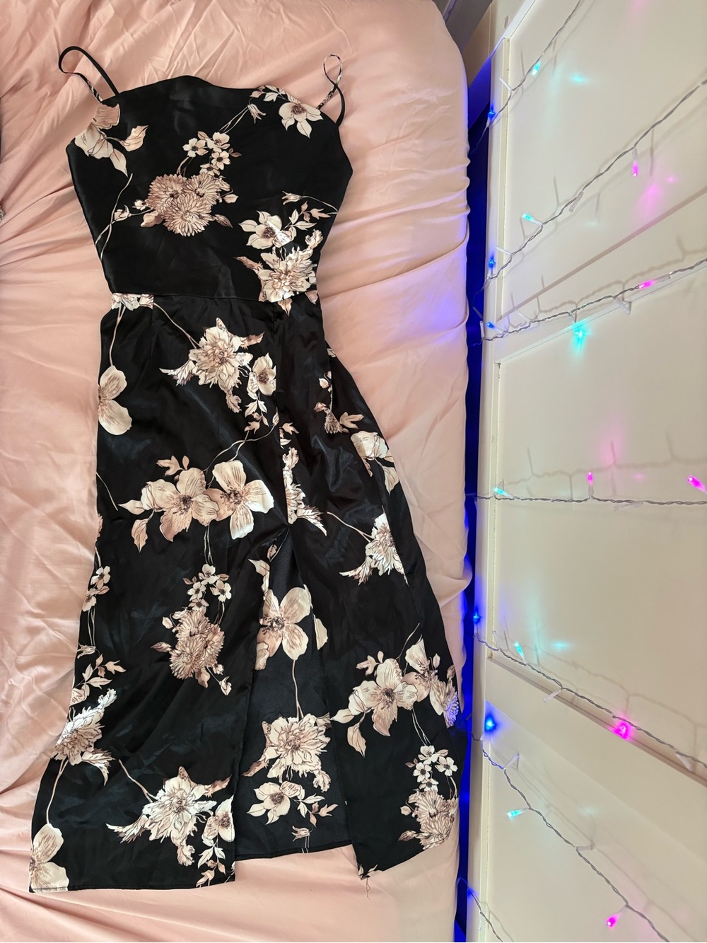Black Floral Slip Dress with Beige Blossoms